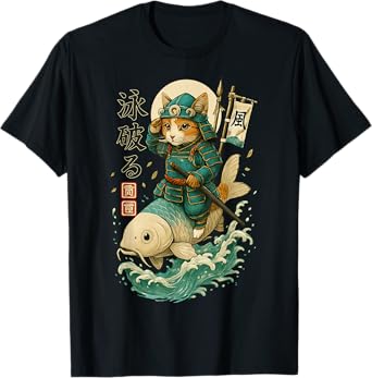 Samurai Cat Riding Koi Fish Fantasy Art T-Shirt for Men Women