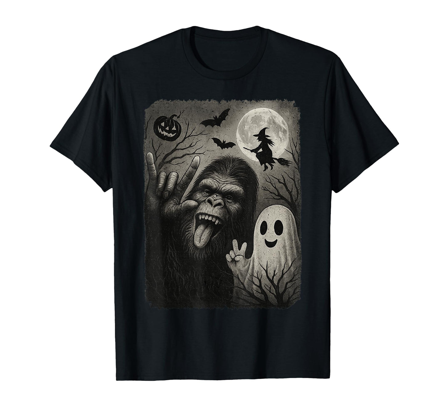 Funny Bigfoot Selfie With Boo Halloween Costume Mens Womens T-Shirt