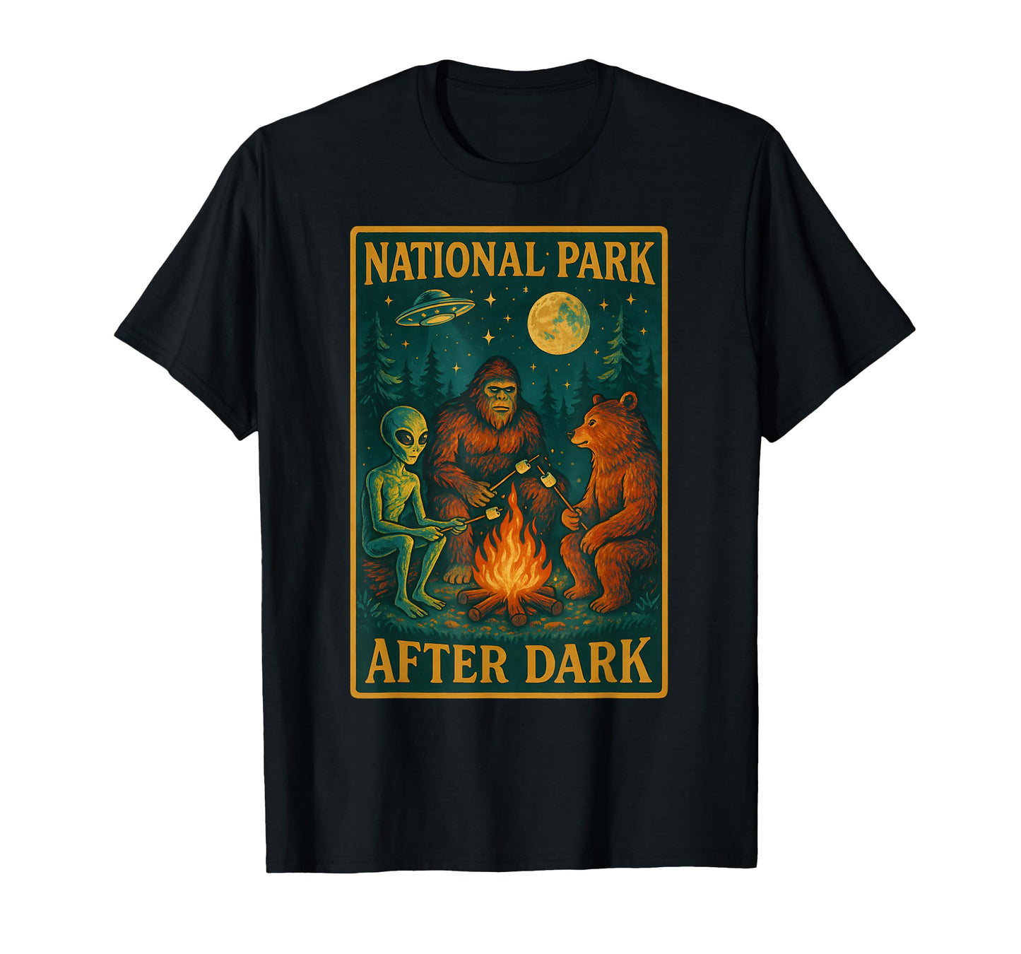 National Park After Dark Alien Bigfoot Bear Camping T-Shirt