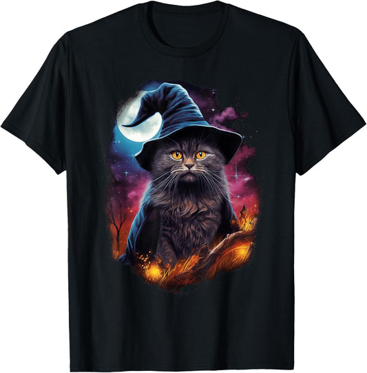 Black Cat Wizard Halloween Witch Mystical Black Cat Lovers T-Shirt