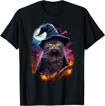 Black Cat Wizard Halloween Witch Mystical Black Cat Lovers Men Women Kids T-Shirt