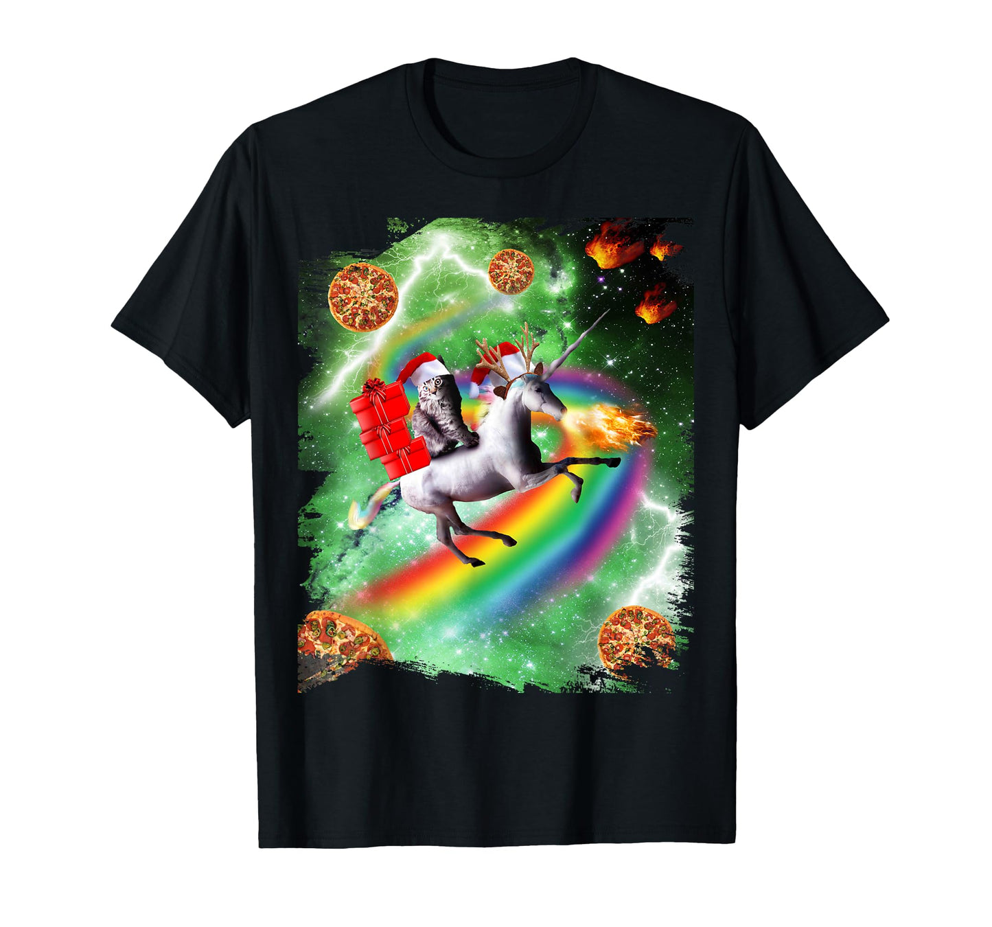 Christmas Cat Santa Riding Unicorn, Space Pizza Funny T-Shirt for Men Women Kids