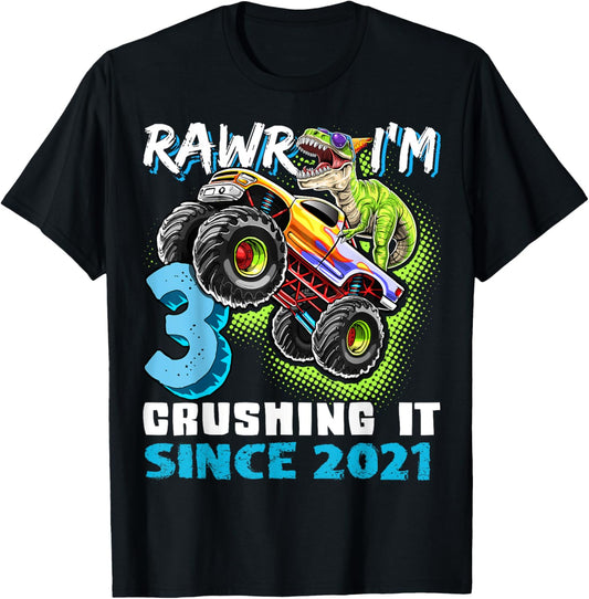 Dinosaur Monster Truck 3rd Birthday Party Boys Rawr I'm 3 T-Shirt