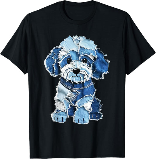 Funny Retro Denim Patch Animal Dog Print T-shirt