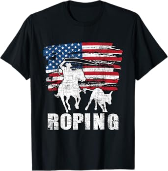 Team Roping - Roper USA American Flag Header Heeler Horse T-Shirt