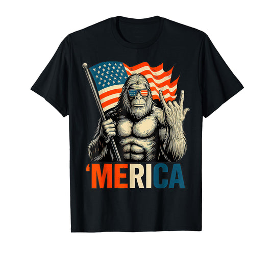 Bigfoot Merica Rock Patriotic American Flag 4th Of July T-Shirt
