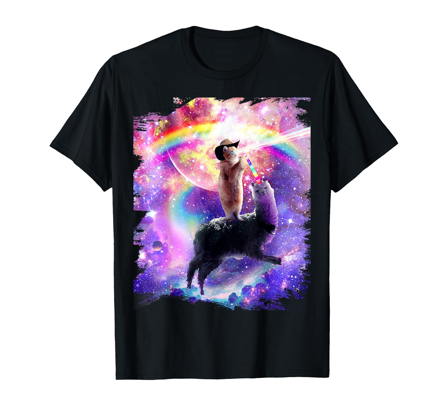 Laser Galaxy Space Cat on Rainbow Llama Unicorn T-Shirt for Men Women Girls Kids