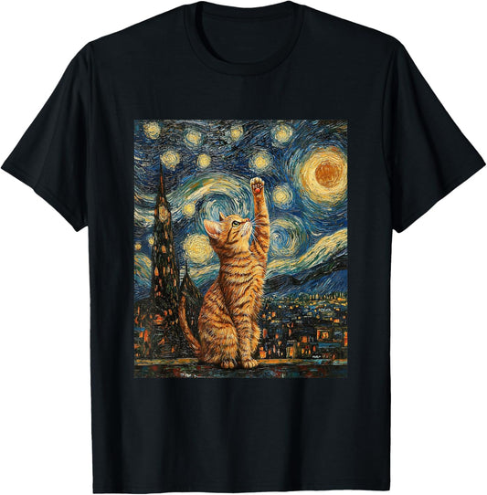 Cat Van Gogh Style Starry Night Art Funny Graphic T-Shirt