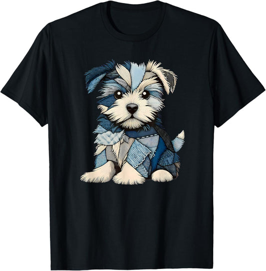 retro funny denim patch animal dog print T-Shirt