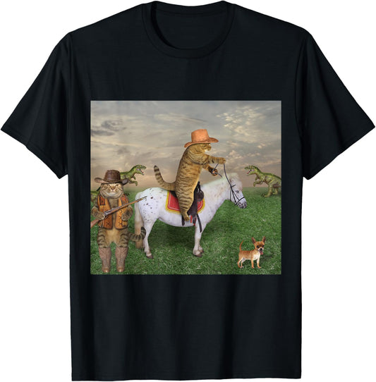 Cat on a Horse in a Cowboy Hat Dinosaurs in Background Funny T-Shirt