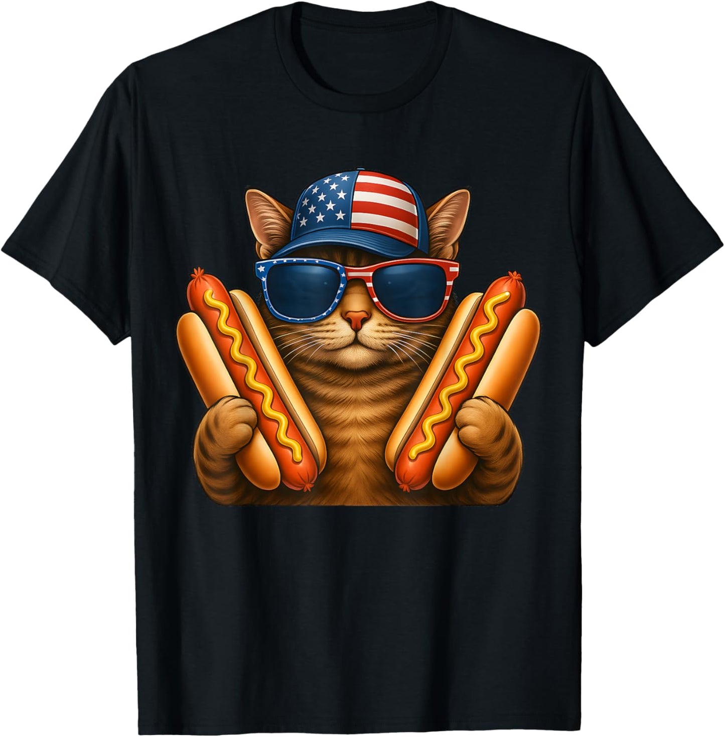 Cat with American Flag in a Hat and Hotdog for 4th of july T-Shirt