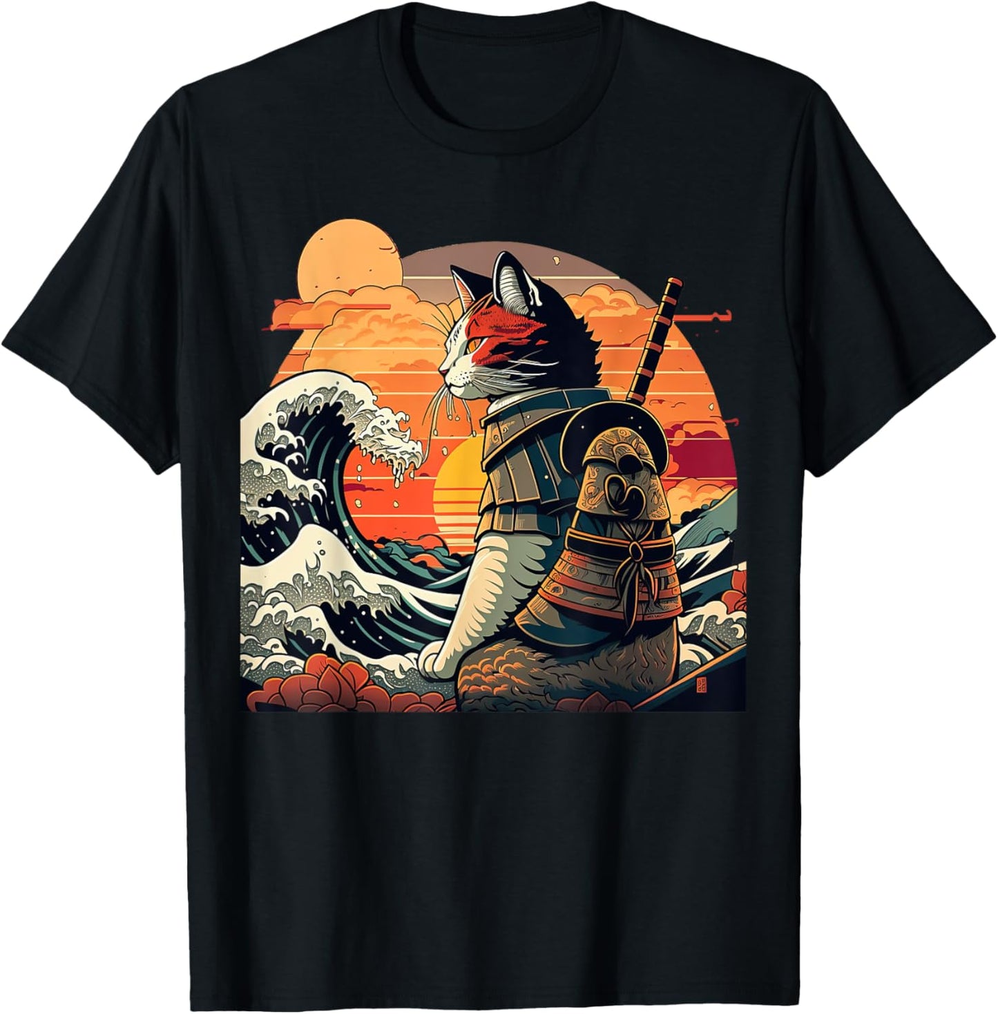 Japanese retro samurai cat The Great Wave by Hokusai T-Shirt