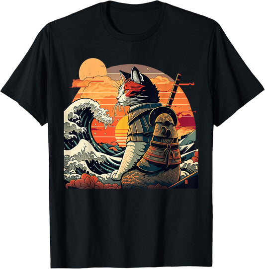 Japanese retro samurai cat The Great Wave by Hokusai T-Shirt