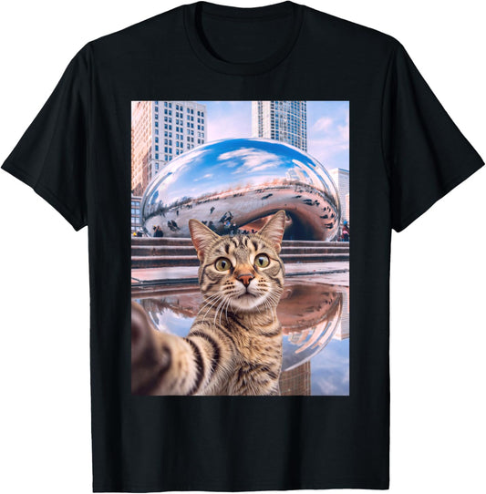 Funny Cat Selfie Chicago Bean Cloud Gate T-Shirt