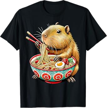 Capybara Loves Noodle Capybara Eating Japanese Ramen Noodles Unisex T-Shirt - Black, Small, Short Sleeve, Modern Classic, All Seasons