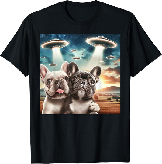 French Bulldog Taking a Selfie UFO Frenchie Flying Saucer T-Shirt