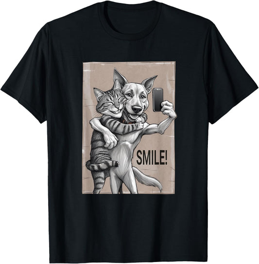 SMILE! Graphic Cat and Dog T-Shirt