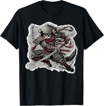 Samurai Cat in Full Battle Armor Design T-Shirt