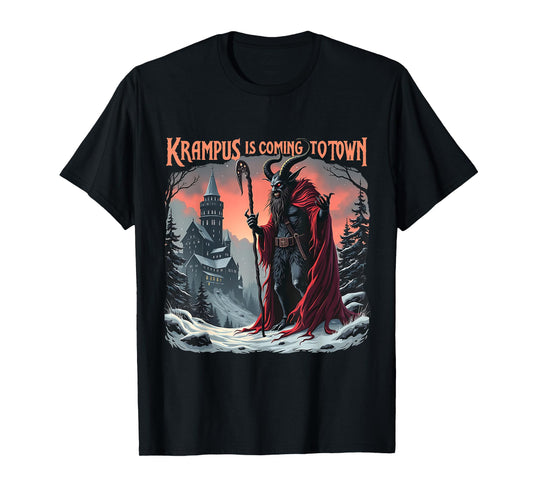 Merry Christmas Krampus Is Coming To Town Unisex-Adult Horror Graphic T-Shirt - Black, Short Sleeve, Crew Neck, Small