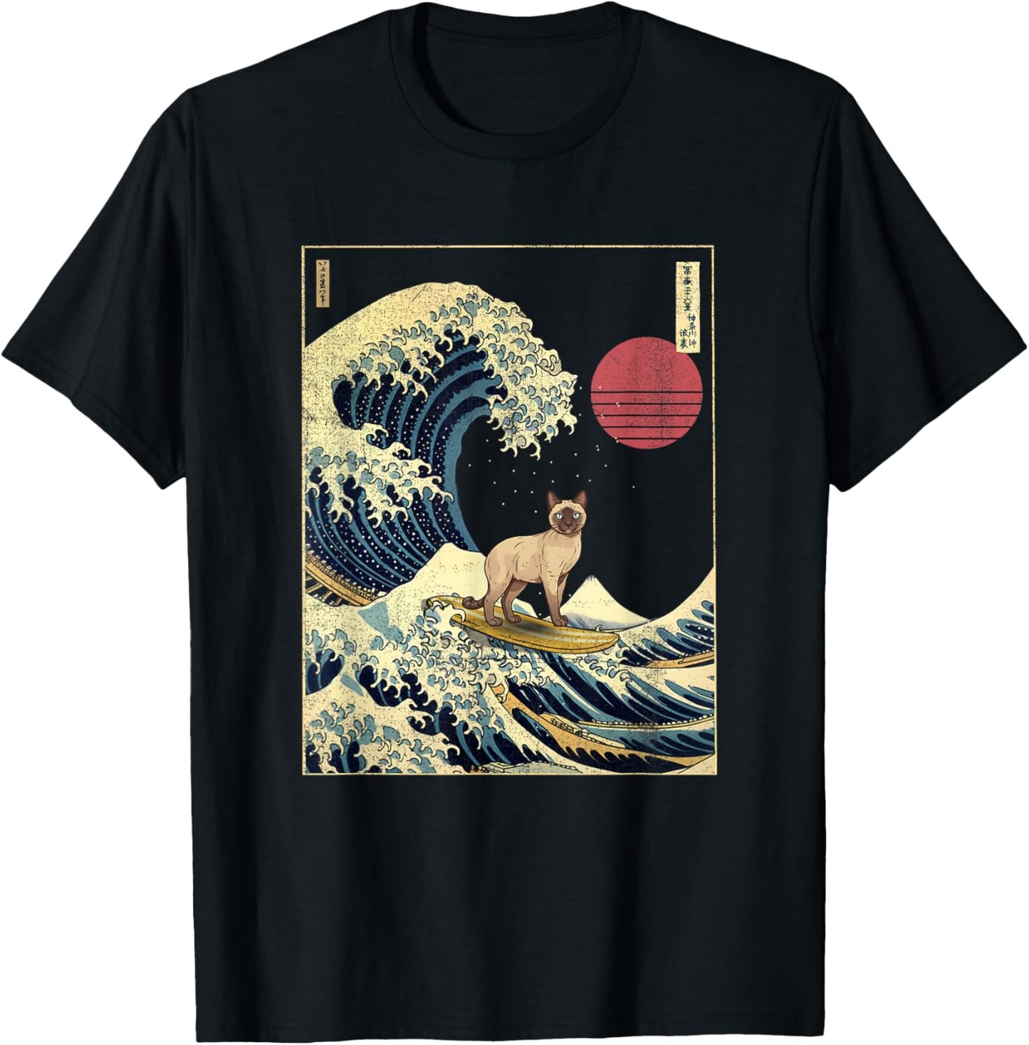Siamese Cat Japanese Kanagawa Wave Funny Surf Animal T-Shirt