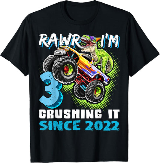 3rd Birthday Monster Truck Dinosaur Party Boys Rawr I'm 3 T-Shirt