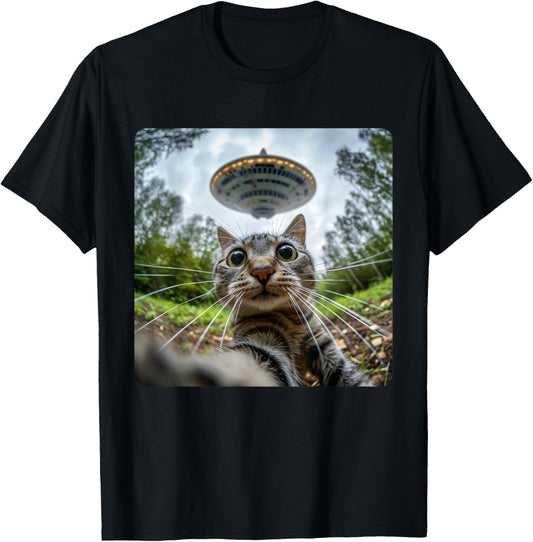 Extraterrestrial Encounter: Cat Selfie with Alien UFO T-Shirt