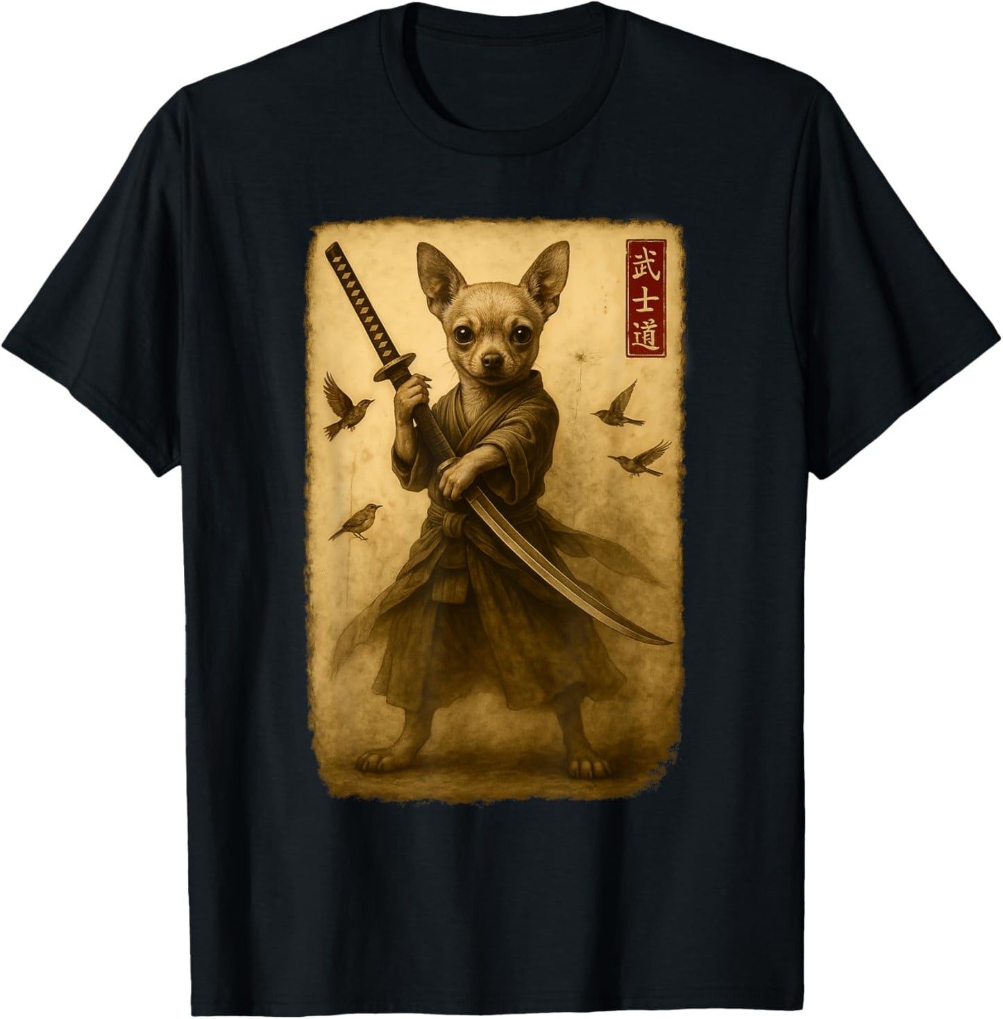 Samurai Dog Japanese Art Chihuahua Warrior Bushido Katana T-Shirt
