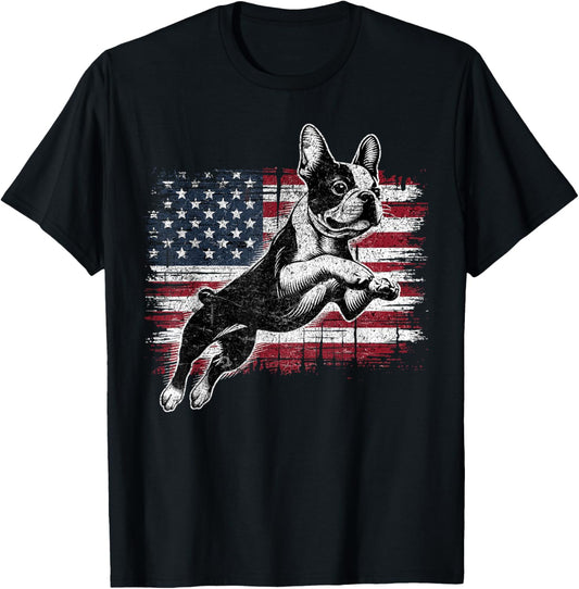 Boston Terrier Dog American Flag 4th of July Patriotic puppy T-Shirt