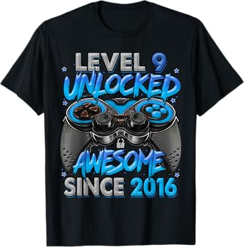 Level 9 Unlocked Awesome Since 2016 9th Birthday Gaming T-Shirt