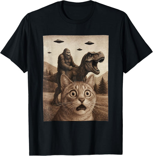 Funny Graphic Cat Selfie With Bigfoot Riding T-rex Dinosaur T-Shirt
