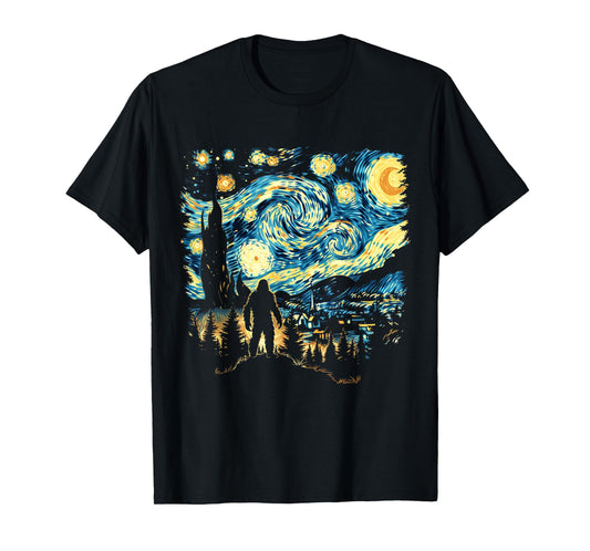 Funny Bigfoot Starry Night Sasquatch Van Gogh Sky Painting T-Shirt