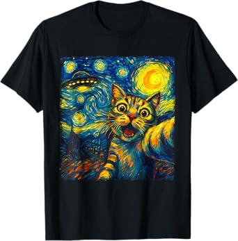 Cat Selfie With Alien UFO Funny Starry Night Van Gogh Men Women Kids T-Shirt