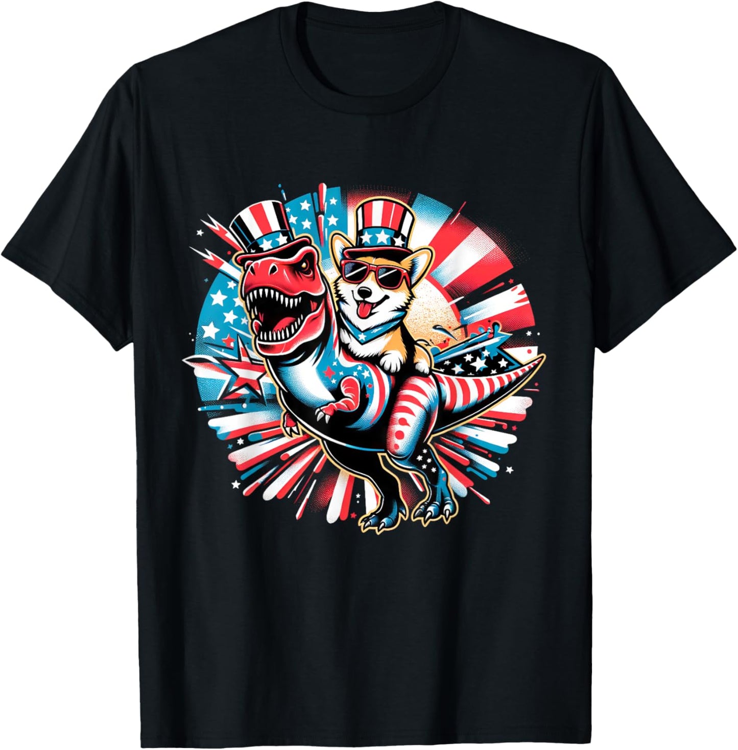 Corgi Dog Riding T Rex Dinosaur US Flag 4th Of July T-Shirt