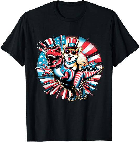 Corgi Dog Riding T Rex Dinosaur US Flag 4th Of July T-Shirt