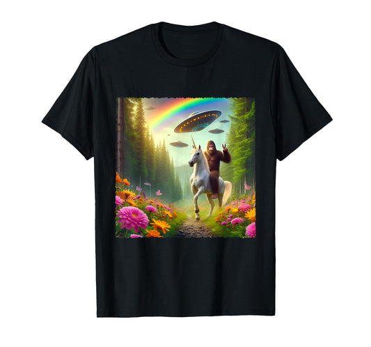 Bigfoot Riding Unicorn Bigfoot Selfie with UFOs Weird Selfie T-Shirt