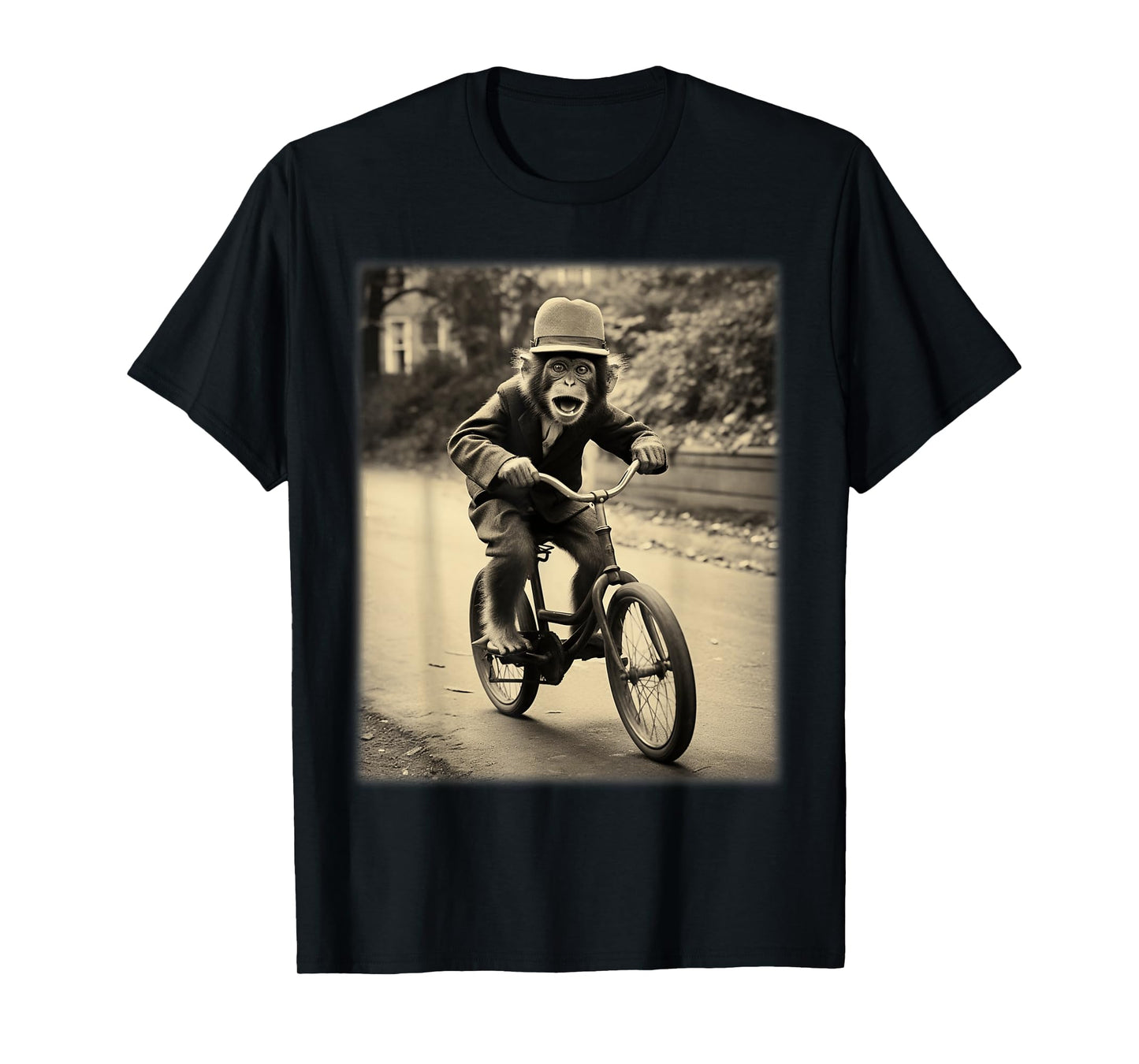 Funny Cute Monkey Chimp Riding Vintage Bicycle Men Woman T-Shirt