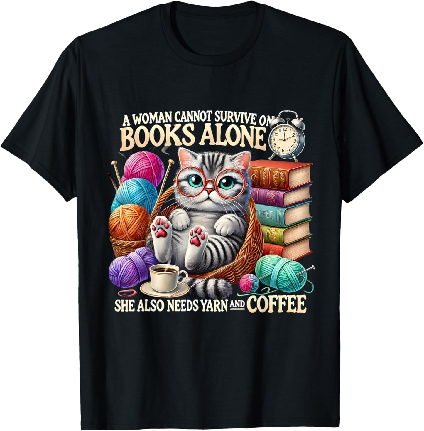 Books Yarn Coffee Cat Funny Cat Lovers Book Lovers Graphic T-Shirt