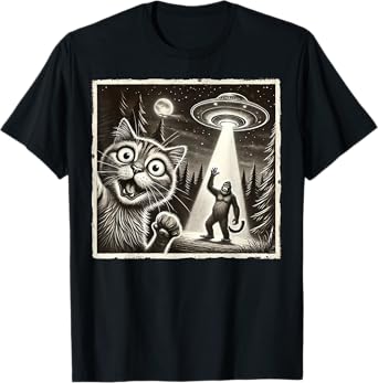 Cat Selfie With Bigfoot UFO Funny Cat Sasquatch Lover T-Shirt