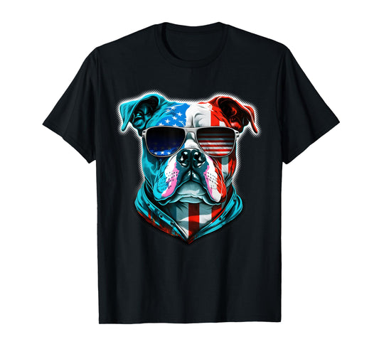Bulldog Dog Red White Blue American Flag Sunglasses T-Shirt for Women Kids Men