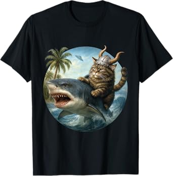 Epic Viking Cat Surfing Shark Quirky Cat Ocean Adventure Art T-Shirt