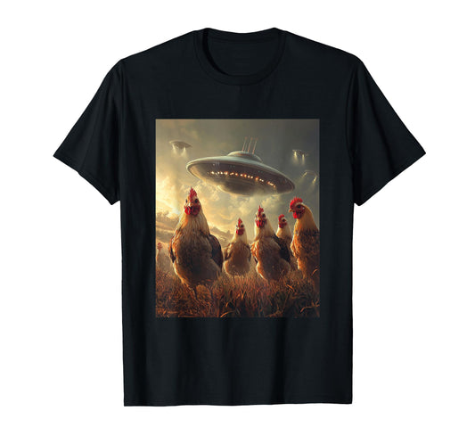 Chicken Selfie with UFOs Aliens Funny Graphic T-Shirt
