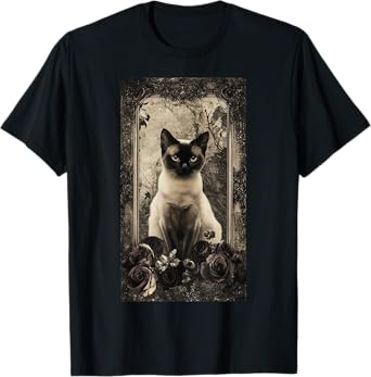 Cute Siamese Cat Gothic Portrait Roses Cat art T-Shirt for Men Women