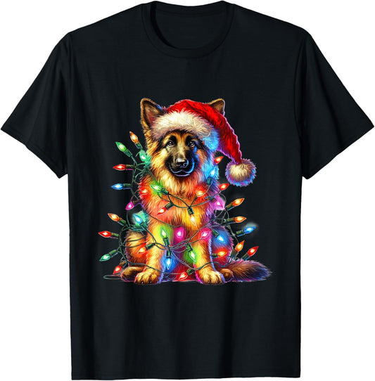 German Shepherd Christmas Lights Santa Hat Dog Lover T-Shirt