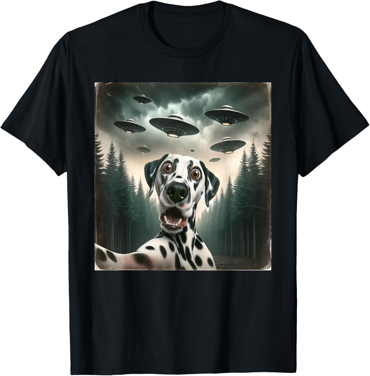 Funny Dalmatian Selfie with UFOs Alien Mens Womens Dog T-Shirt