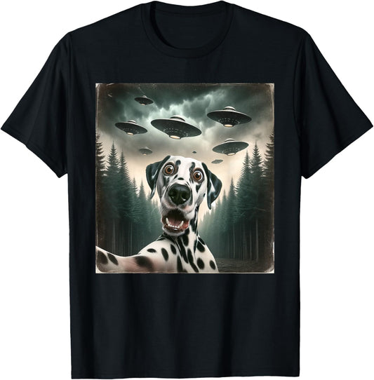 Funny Dalmatian Selfie with UFOs Alien Mens Womens Dog T-Shirt