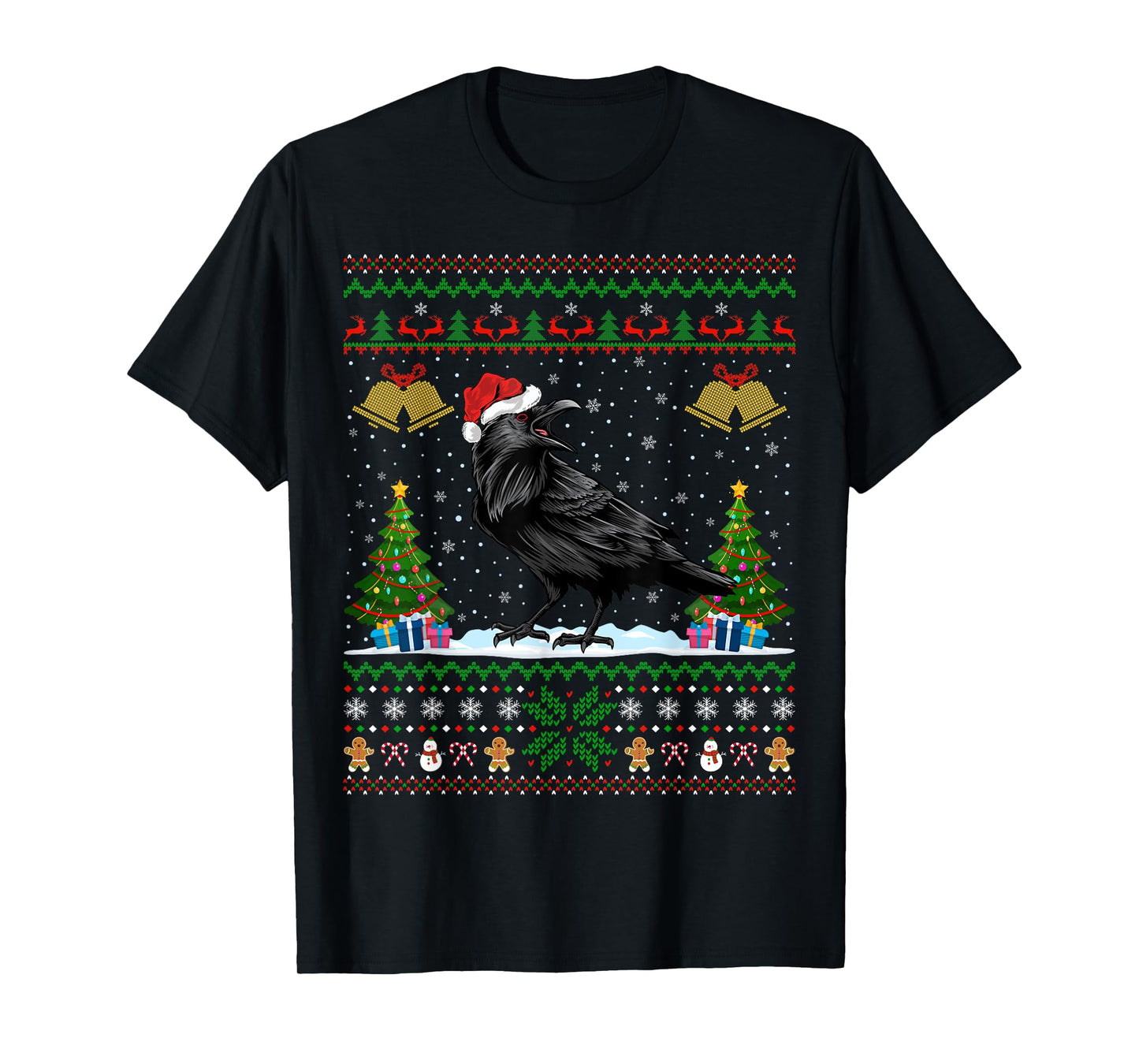 Santa Hat Raven Bird Xmas Lighting Ugly Raven Christmas T-Shirt