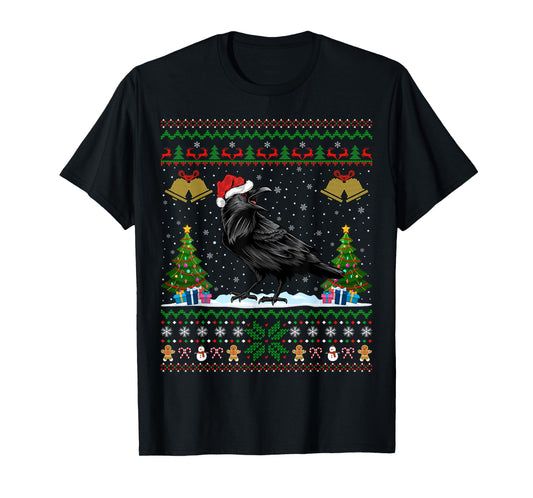 Santa Hat Raven Bird Xmas Lighting Ugly Raven Christmas T-Shirt