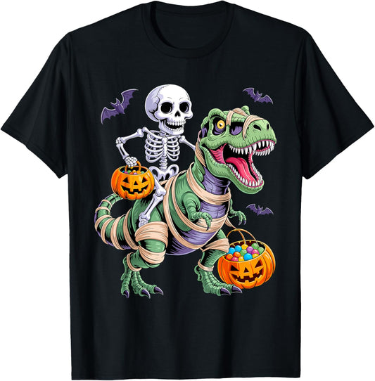Skeleton Riding Mummy Dinosaur Halloween Trick or Treat T-Shirt