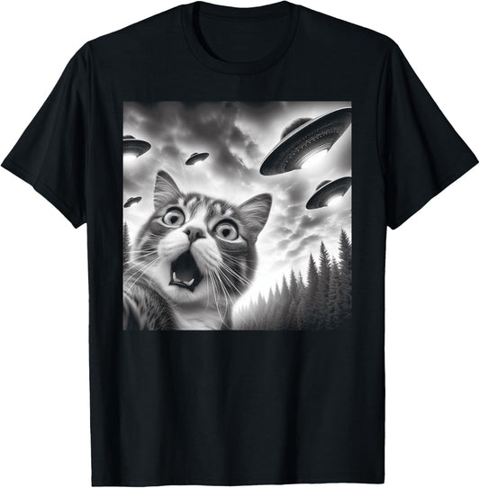 Funny Cat Selfie with UFOs T-Shirt