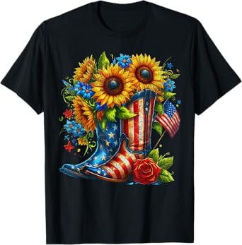 American Boots US Flag Western Cowgirl 4th of July Sunflower T-Shirt